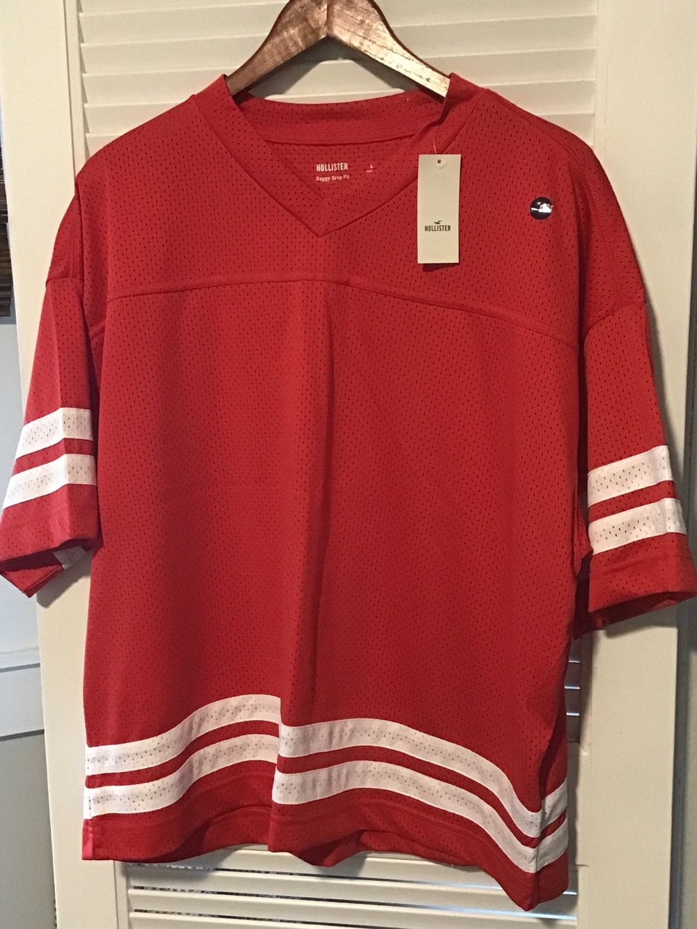 Hollister Red Mesh Short-Sleeve Athletic Jersey with White Stripes